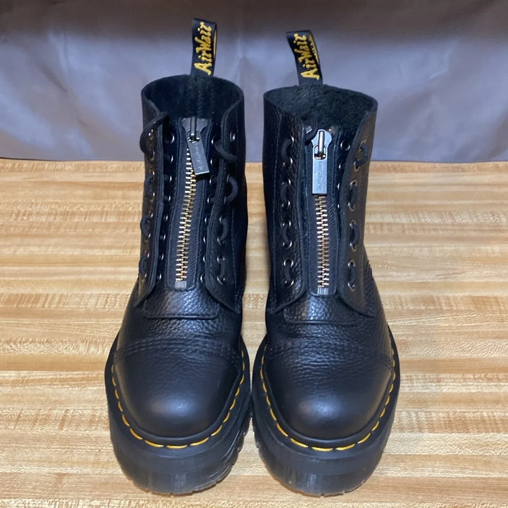 Dr. Martens Black Pebbled Leather Platform Lace-Up Boots with Yellow Stitching